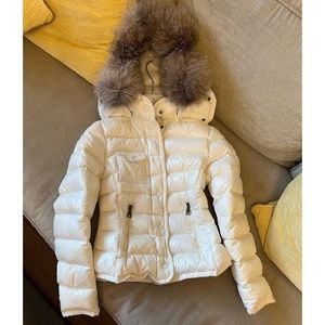 Moncler White Puffer Jacket with Fur Hood
